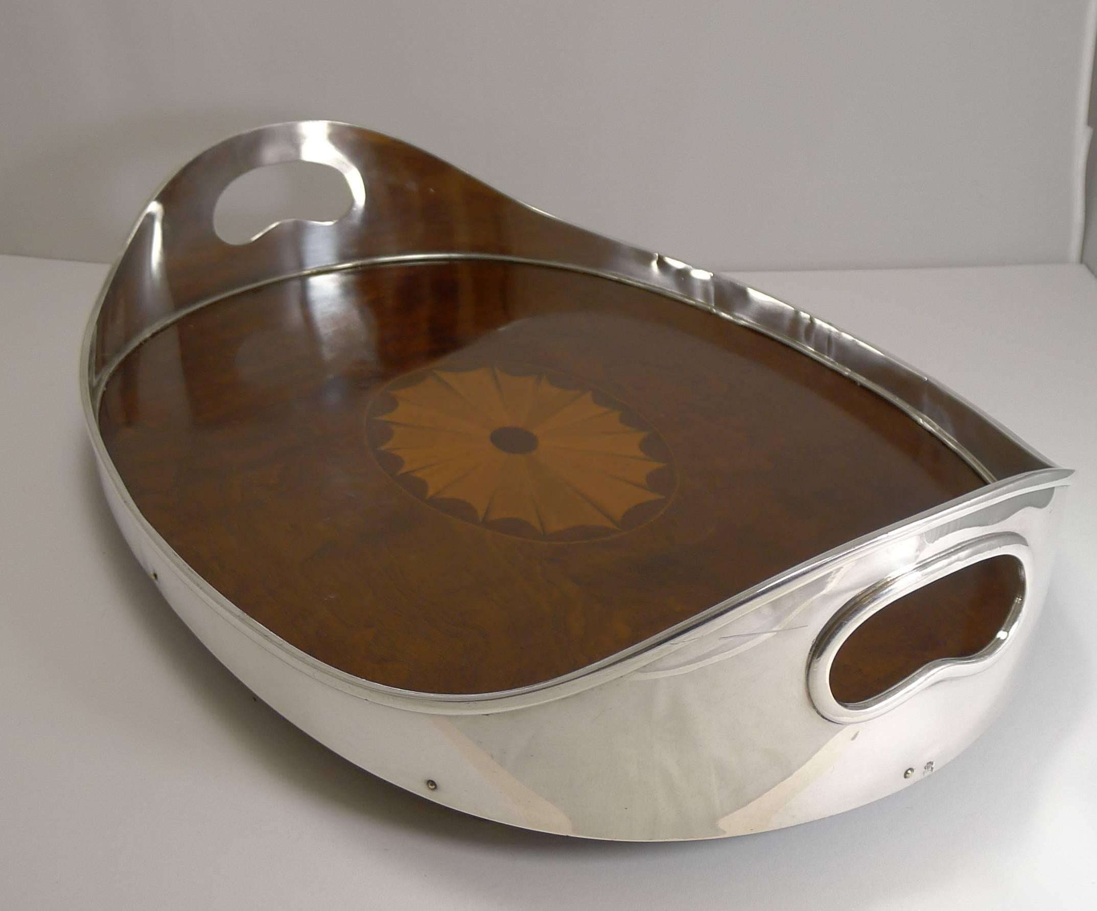 English Grand Inlaid Tray with Fabulous Silver Plated Gallery, circa 1900