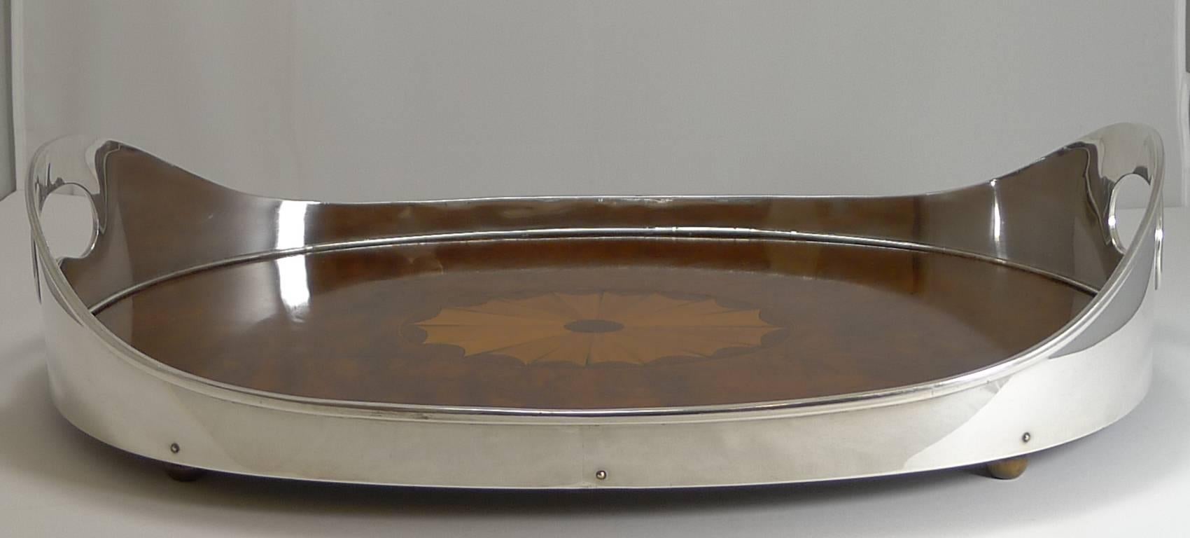 Late 19th Century Grand Inlaid Tray with Fabulous Silver Plated Gallery, circa 1900