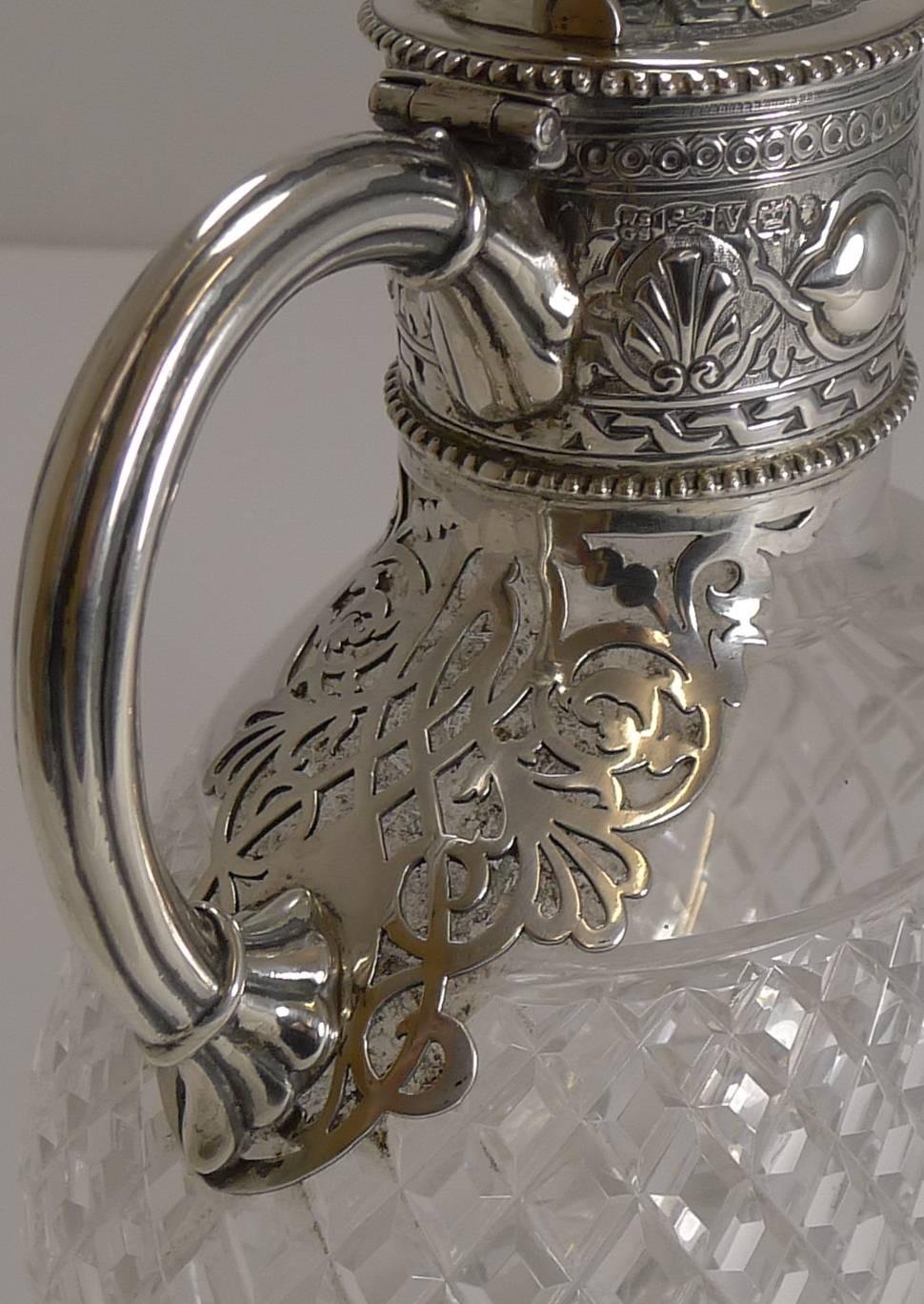 Mid-19th Century Victorian English Cut Crystal and Sterling Silver Claret or Wine Jug, 1863