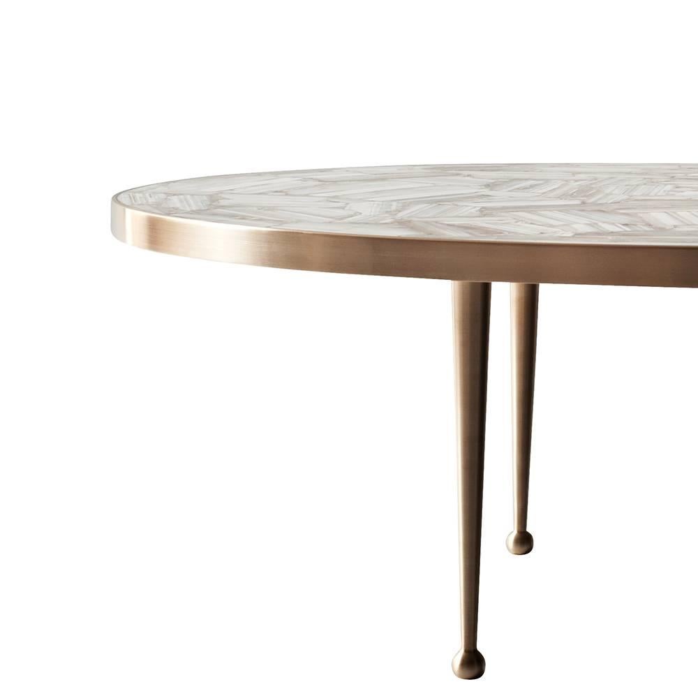 Mid-Century Modern Lola Coffee Table by DeMuro Das in Banded White Agate and Brass For Sale