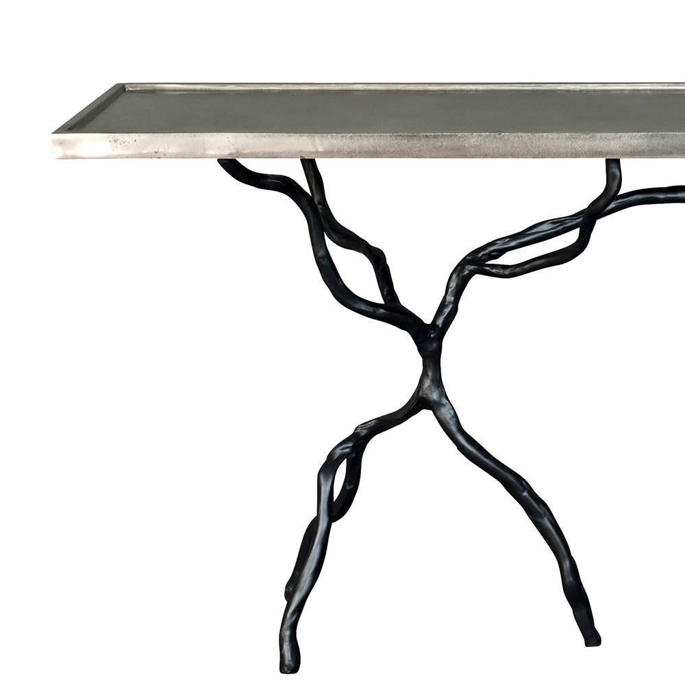 Modern Solstice Console by DeMuro Das with Silver Pyrite Top and Sculpted Noir Base For Sale