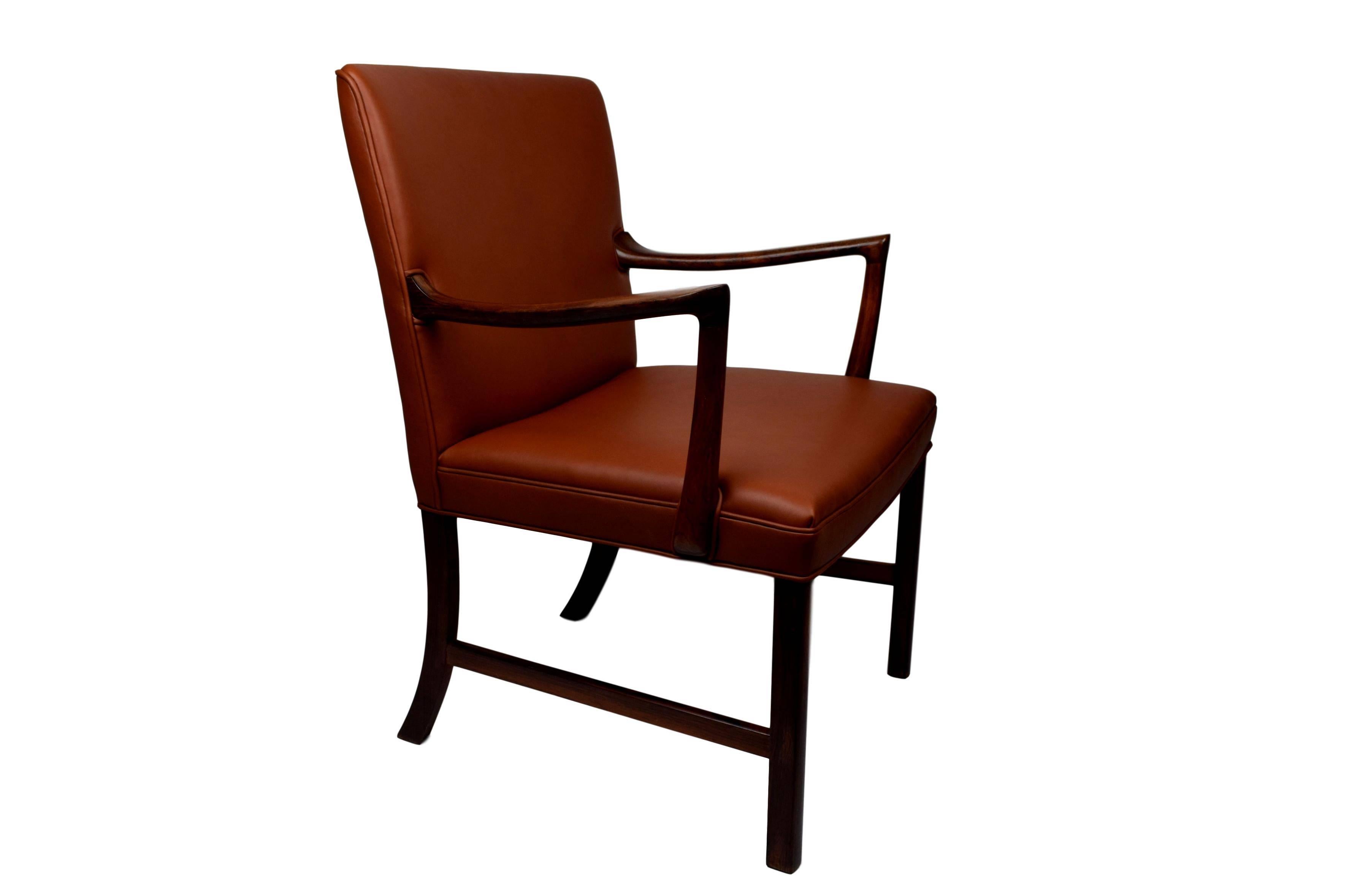 Scandinavian Modern Midcentury Rosewood Armchair by Ole Wanscher, Upholstered with Aniline Leather For Sale
