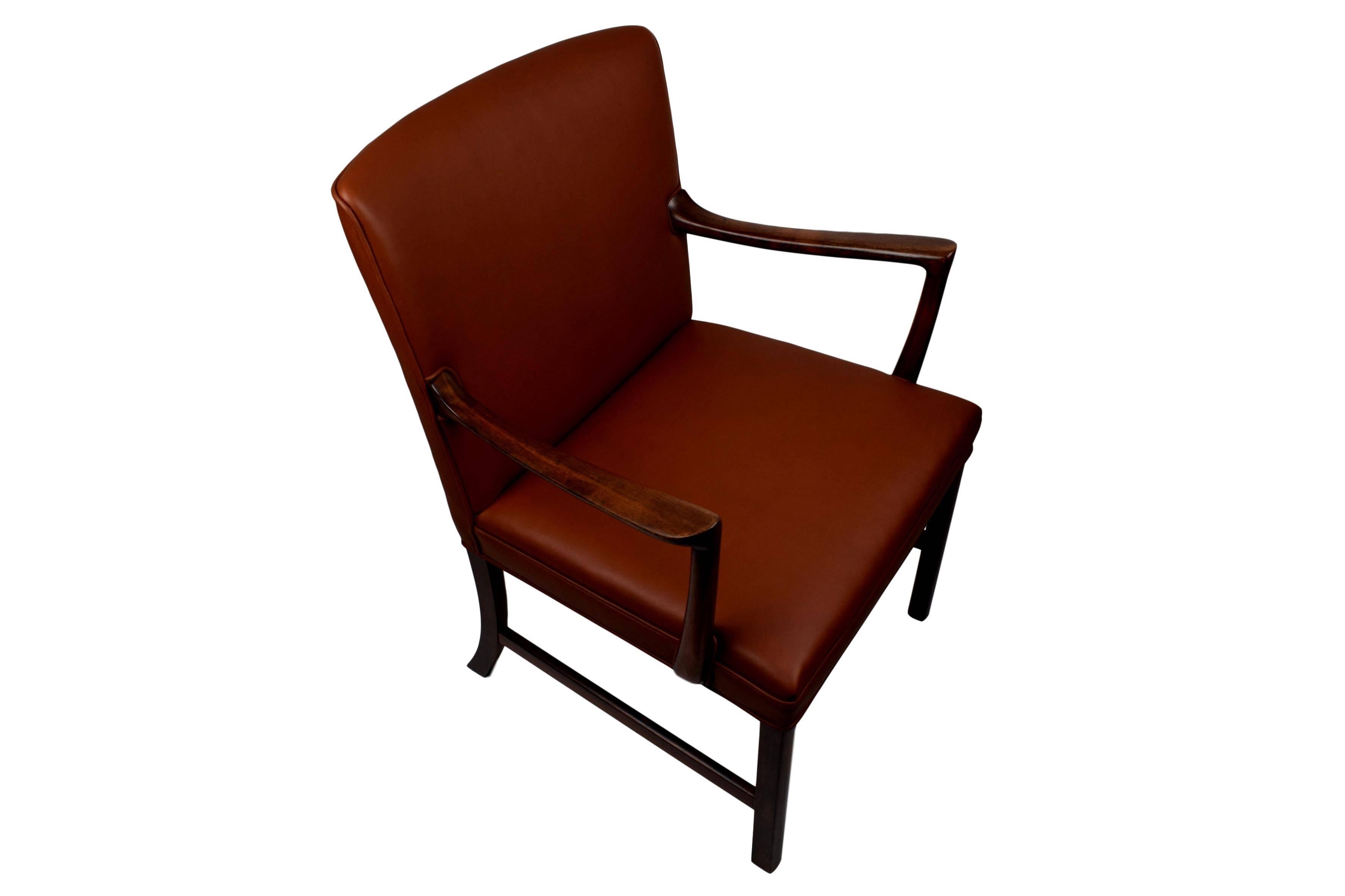 Danish Midcentury Rosewood Armchair by Ole Wanscher, Upholstered with Aniline Leather For Sale