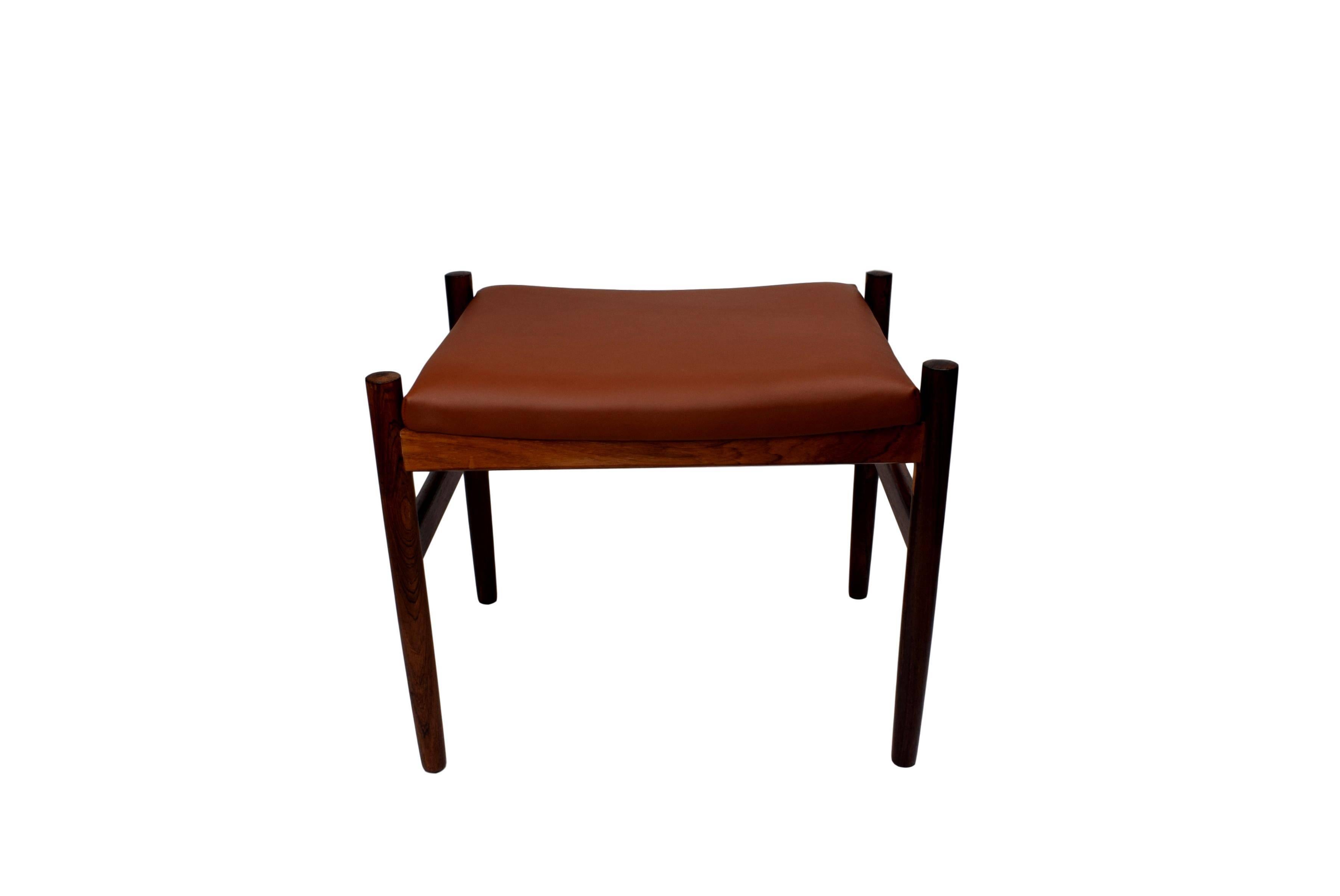 Danish Midcentury Rosewood Ottoman by Spøttrup, Brown Aniline Leather, Stamped In Good Condition For Sale In Denmark, DK