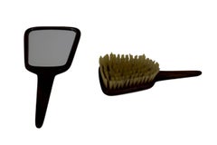 Set of Danish Midcentury Bog Oak Hand Mirror and Brush with Silver Inlays