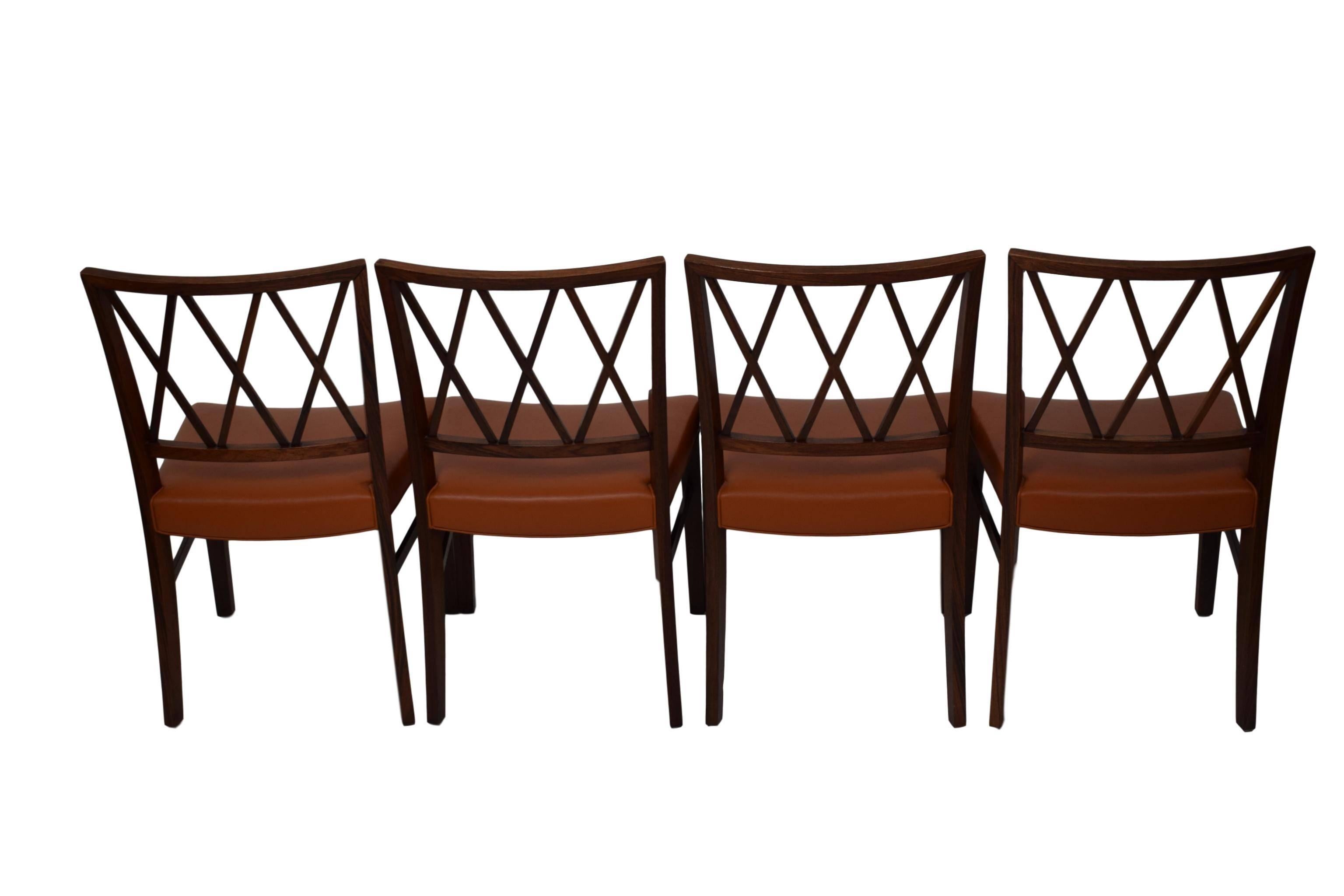 Scandinavian Modern Four Danish Midcentury Rosewood Dining Chairs, Ole Wanscher, Leather Upholstery