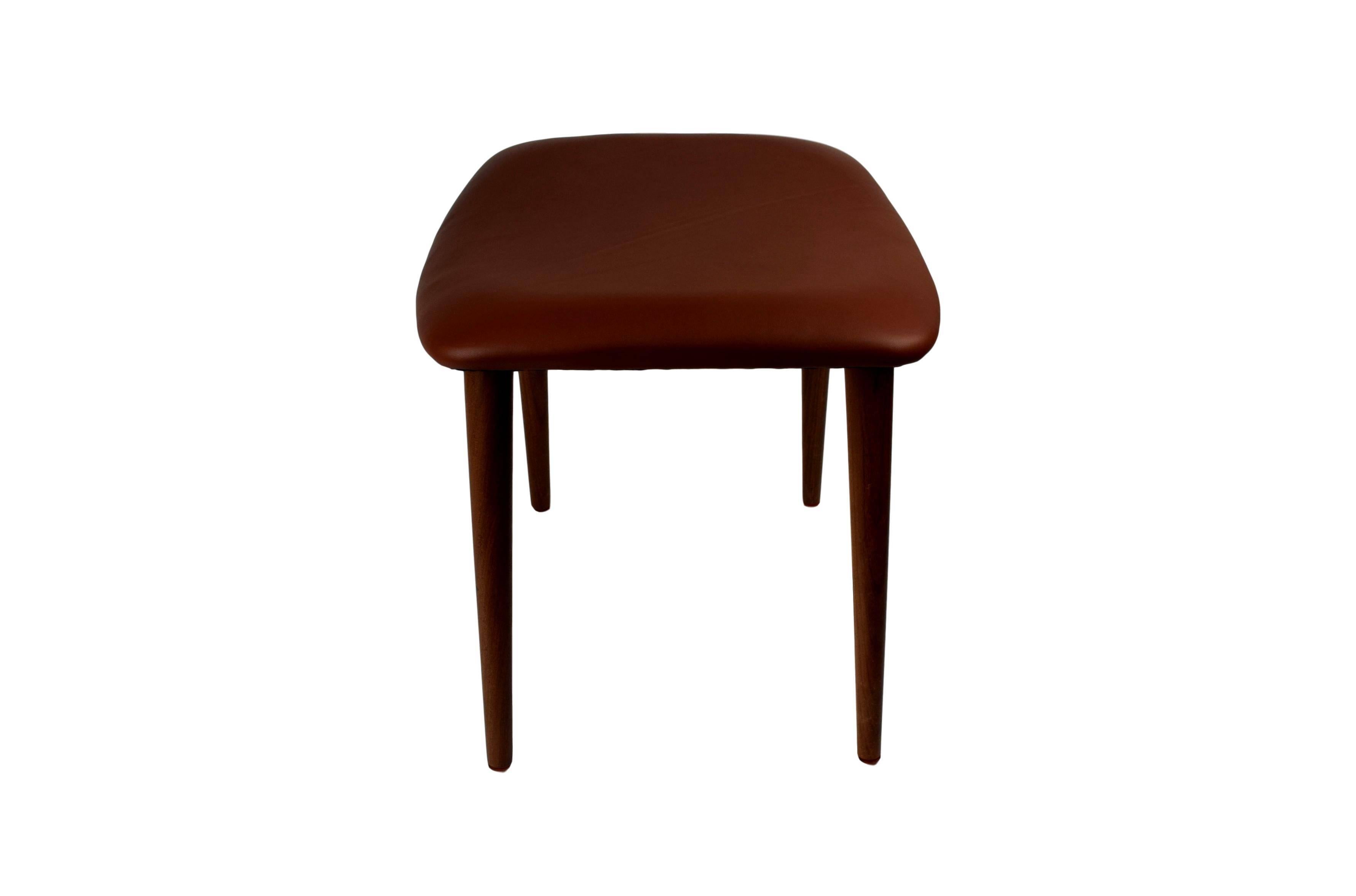 Scandinavian Modern Danish Midcentury Teak Ottoman Upholstered with Brown Aniline Leather For Sale