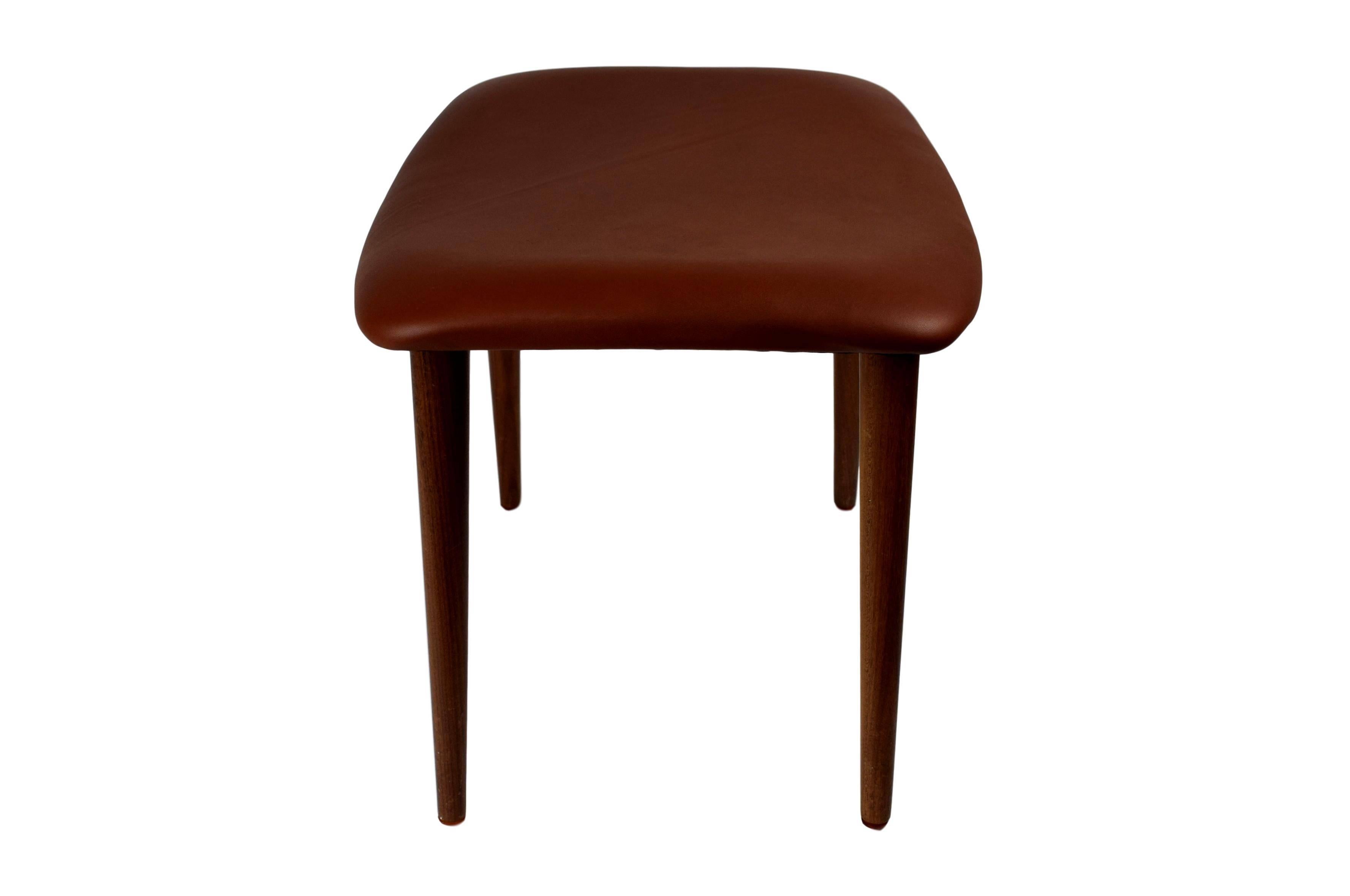 Mid-20th Century Danish Midcentury Teak Ottoman Upholstered with Brown Aniline Leather For Sale