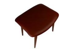 Danish Midcentury Teak Ottoman Upholstered with Brown Aniline Leather