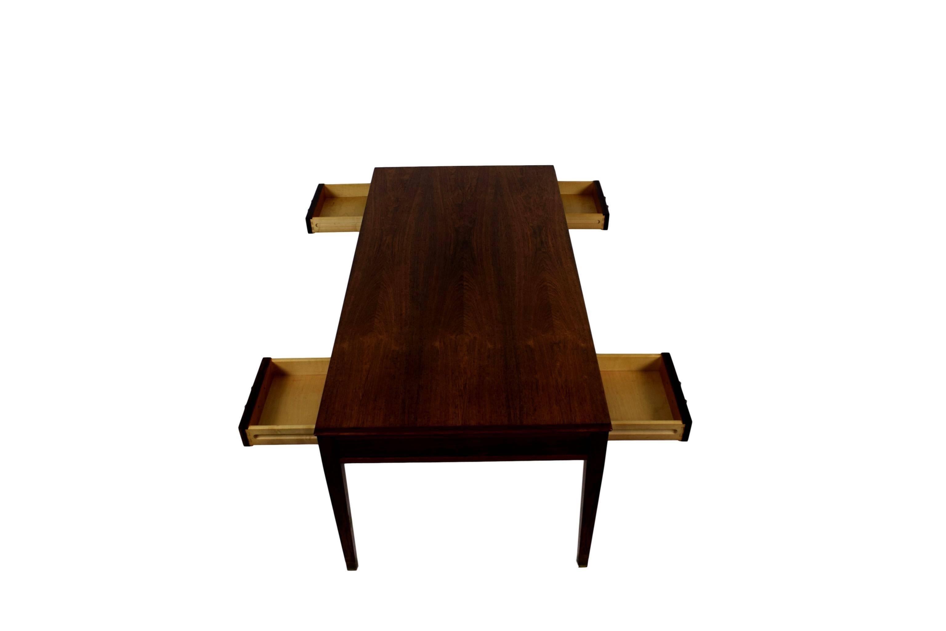Danish Midcentury Coffee Table by Frits Henningsen, Four Drawers, Brass Handles For Sale 1