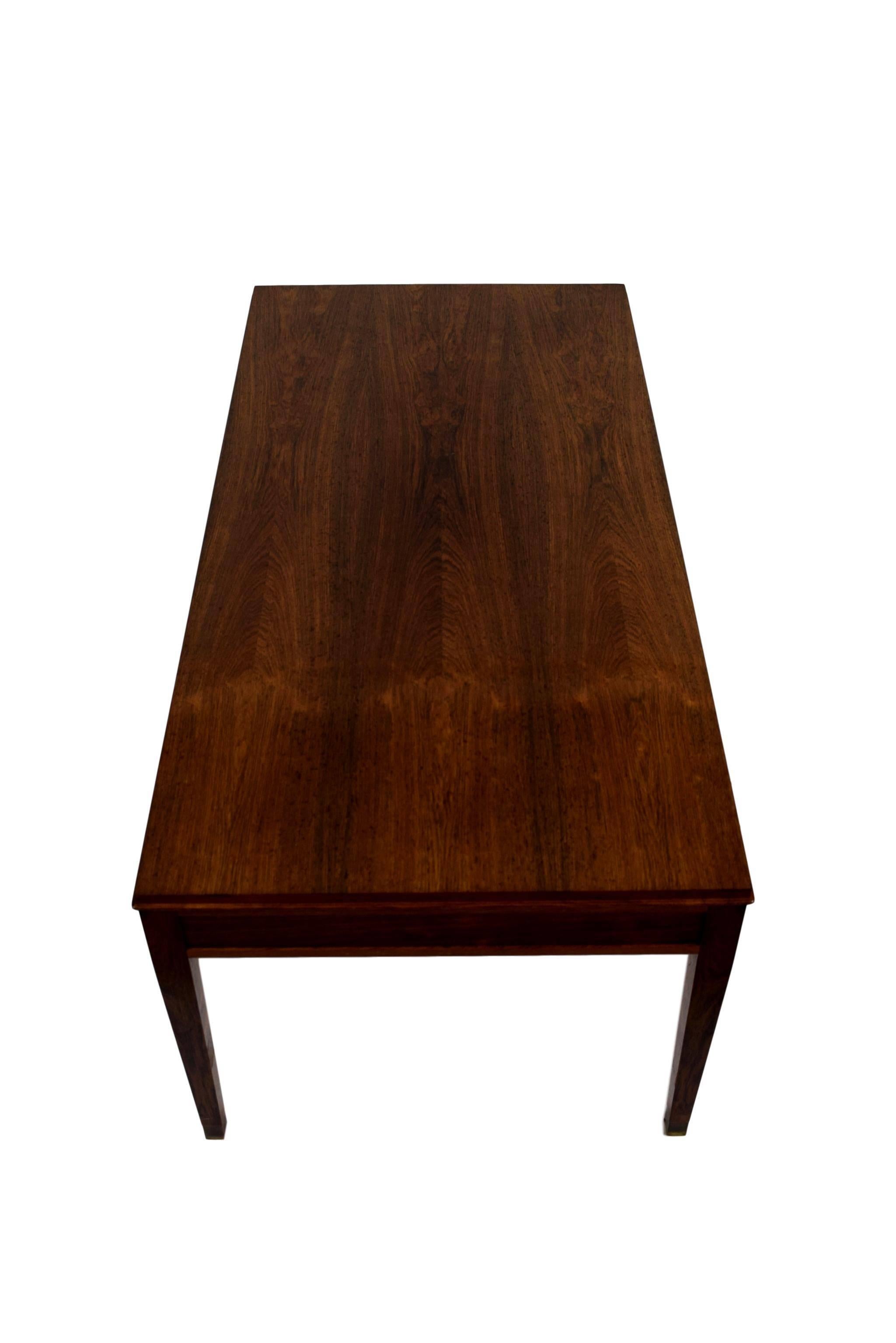 Rosewood Danish Midcentury Coffee Table by Frits Henningsen, Four Drawers, Brass Handles For Sale