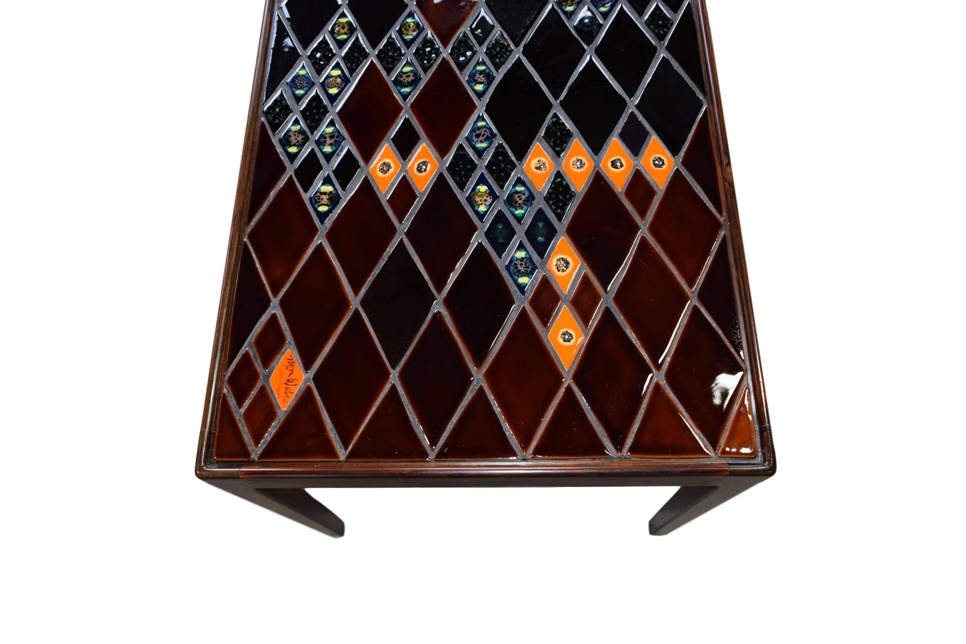 Polychromed Danish Midcentury Rosewood Coffee Table with Decorative Tiles by Bjørn Wiinblad For Sale
