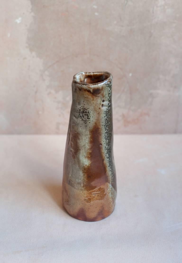 American Handmade Wood-Fired Stoneware Organic Tapered Conical Sculptural Vase Vessel