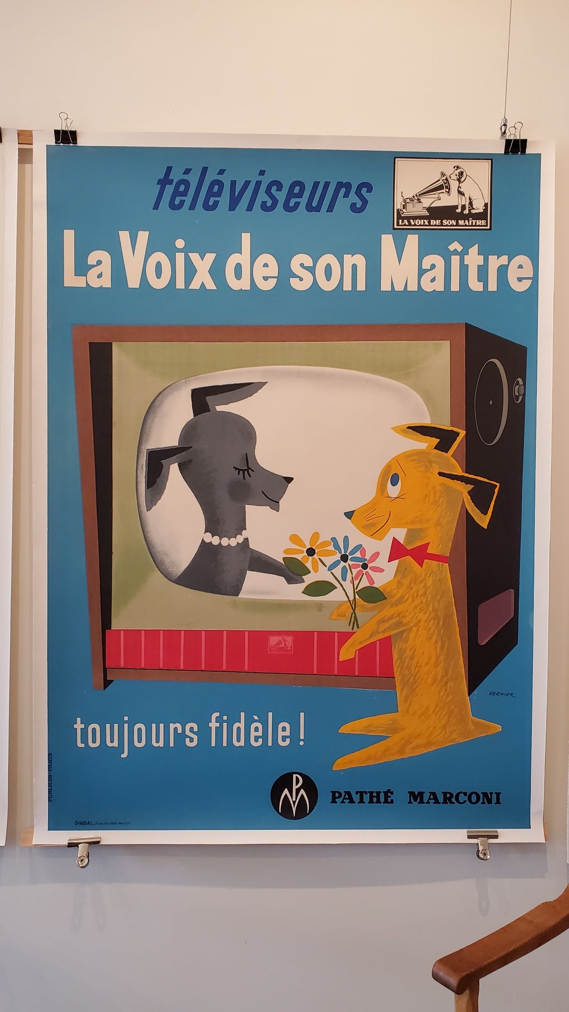 LA VOIX DE SON MAITRE PATHE MARCONIE

This is a unique original poster from 1958 advertising colour TV which had only just been released to the public. In the US in 1954 less than 1% of the population had a colour TV. 

This poster is linen