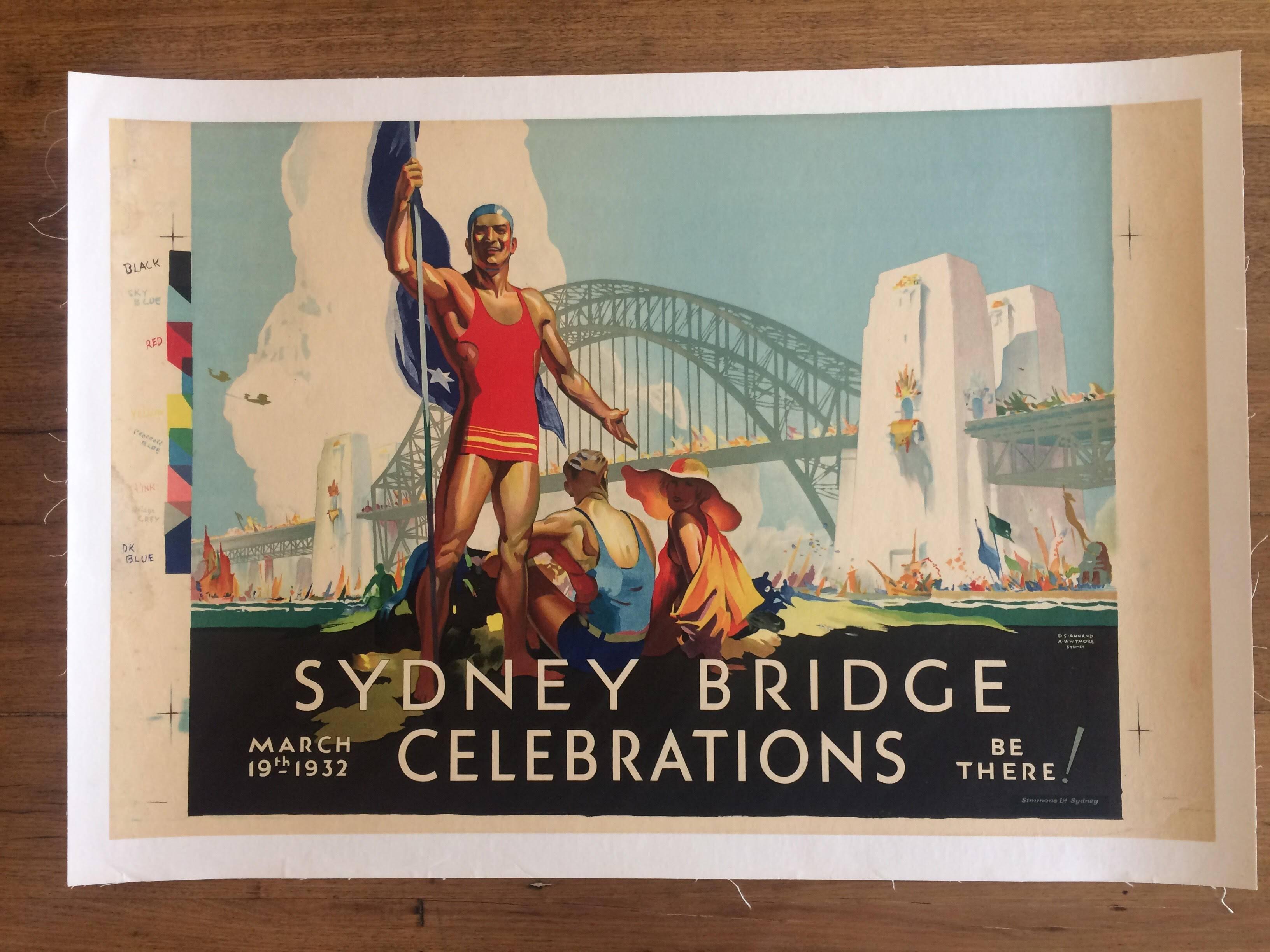 Original vintage poster Sydney Bridge Celebrations D Annand and D Whitmore, 1932

Condition backing / material: Linen (backed on acid-free paper and cotton canvas)

Artist: D Annand and D Whitmore 

Measure: Rare poster 80 x 60