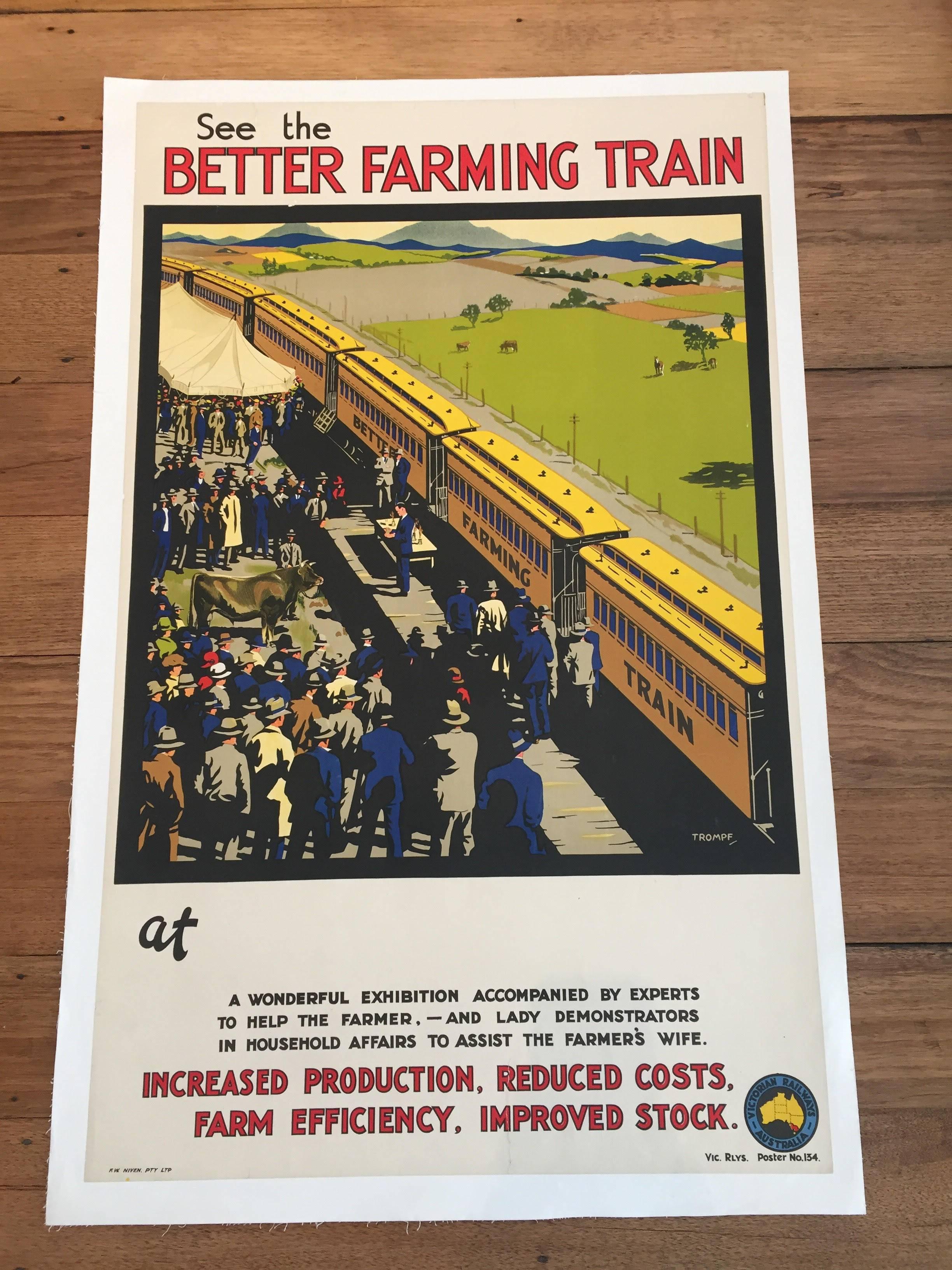 Original vintage poster Better Farming Train Australia Trompf, 1924

Condition backing / material: Linen (backed on acid-free paper and cotton canvas)

Artist: Percy Trompf

Rare poster 107 x 69cm.

