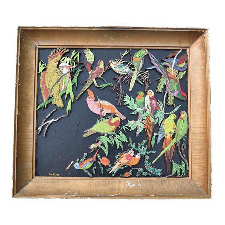 Parrot Bird Motif wooden multi color relief Painting gilt frame signed Sam Katz