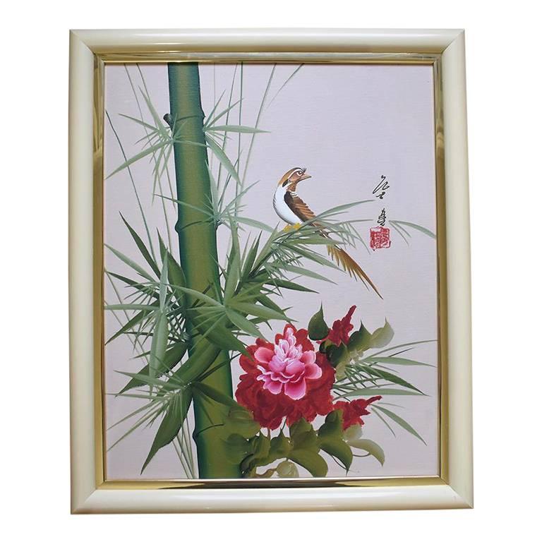 Hand-Painted Green Red Brown Chinoiserie Asian Floral Bird Painting