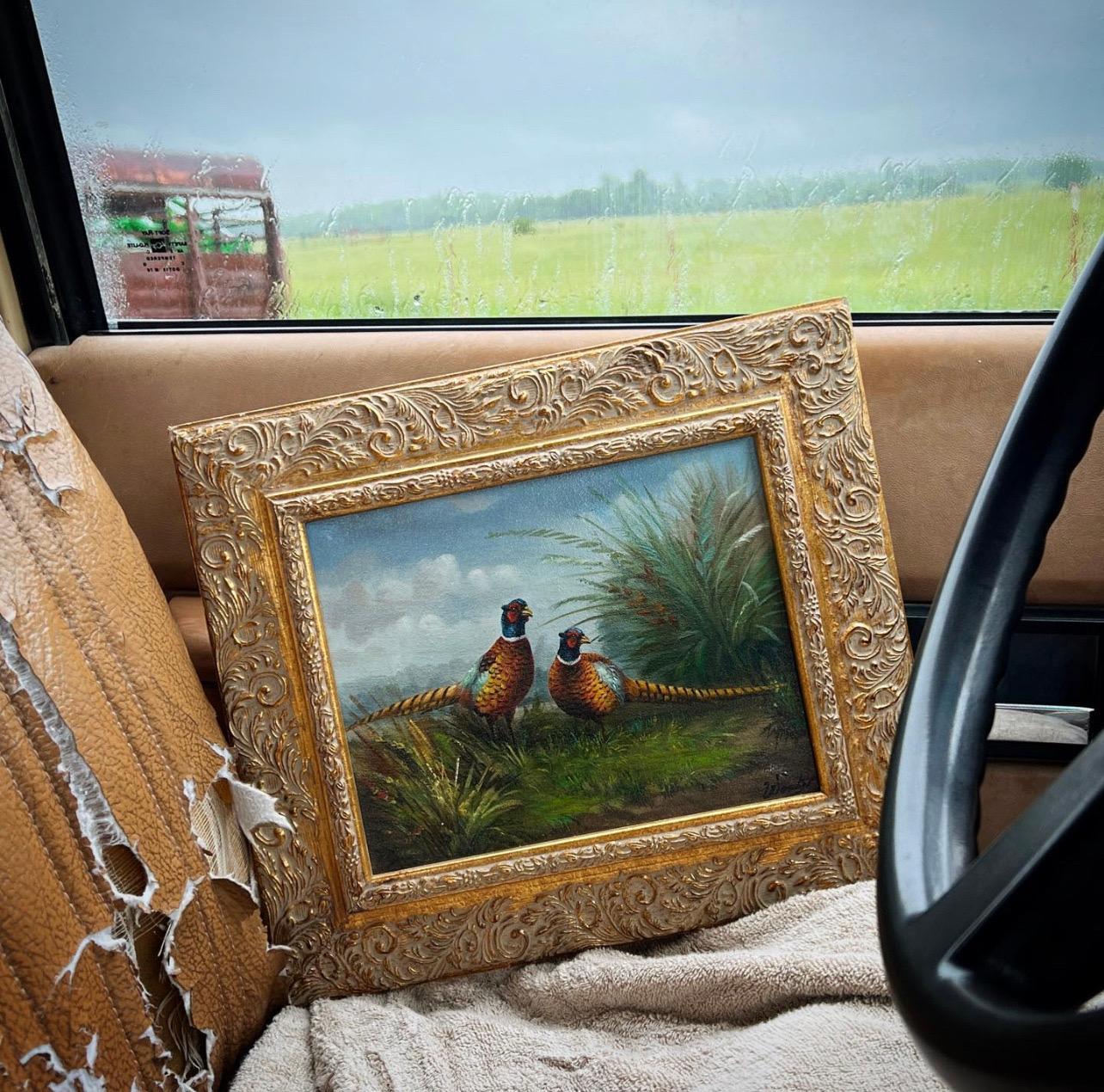 Important Framed Rectangular Pheasant Painting with Giltwood Gold Frame, Signed 1