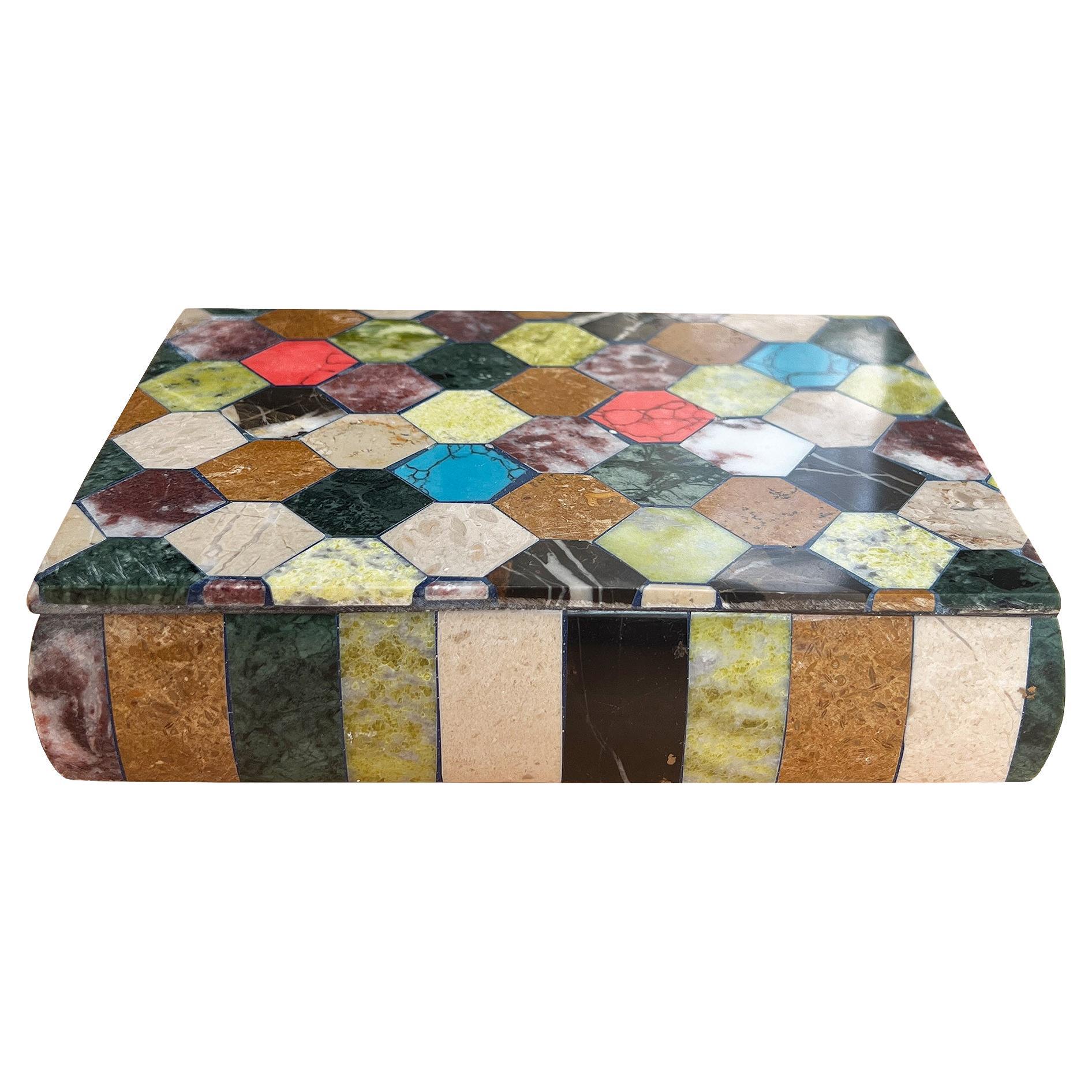 Polychrome Semi-Precious Stone Hexagonal Inlaid Box, 20th Century