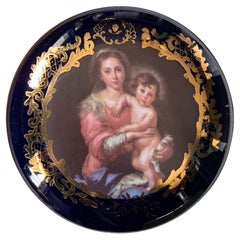 Runde kobaltblaue Madonna und Kind mit Scharnier, Staubbeutel Limoges China