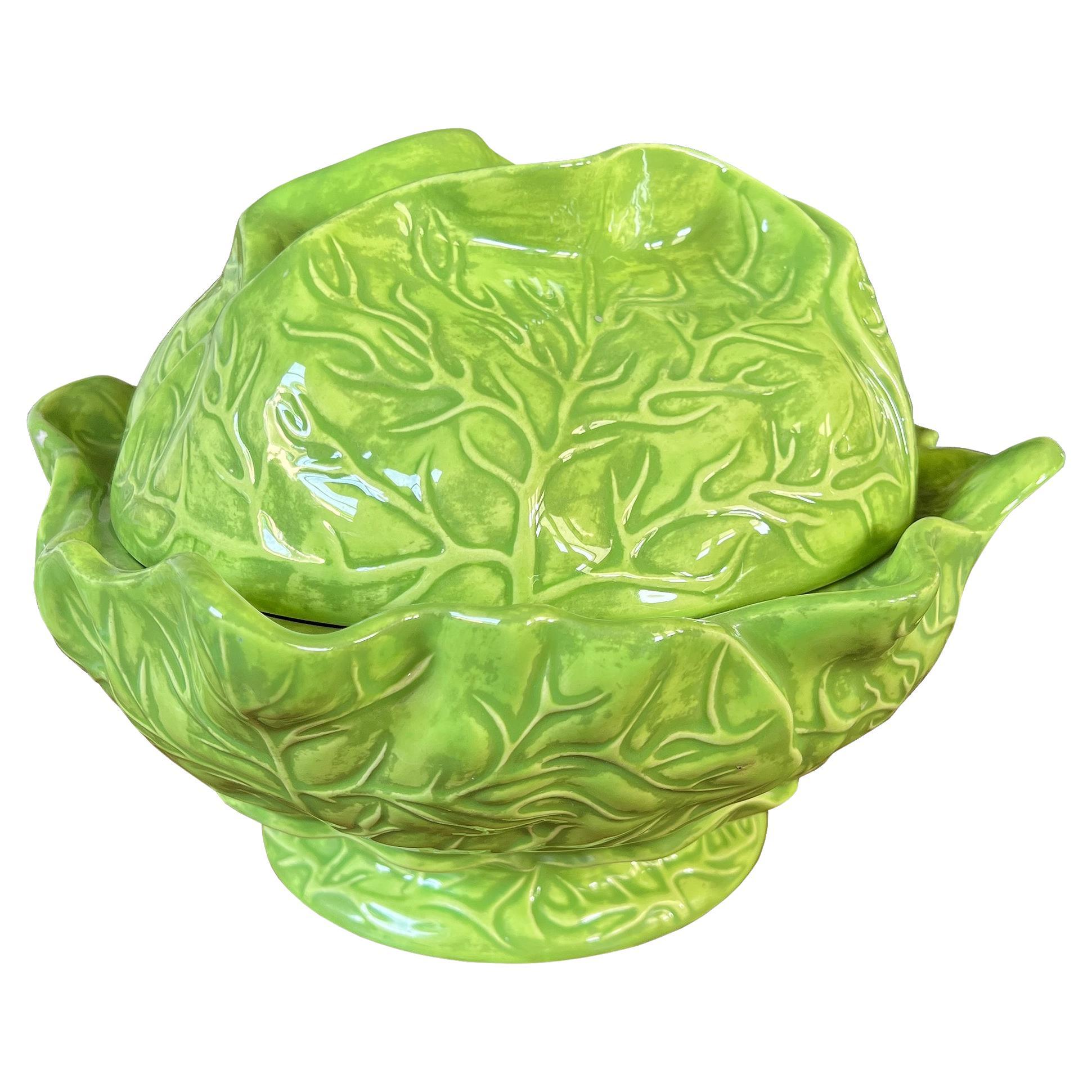 Large Hollywood Regency Green Ceramic Cabbage Ware Serving Bowl with Lid