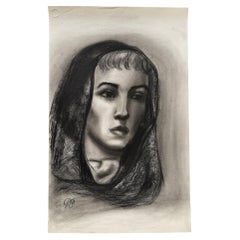 Donna Foreman Hopper Charcoal Portrait of a Woman in a Sheer Headscarf - MCM