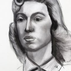 Gran dibujo vintage al carboncillo de una mujer con un rizo enrollado