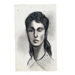 Black and White Charcoal Portrait Drawing of a Woman on Paper - Signed 1959