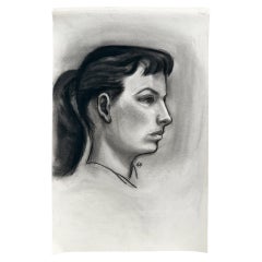 Black and White Charcoal Portrait Drawing of a Woman with Ponytail - Signed