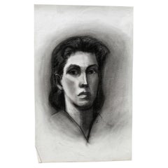 Black and White Charcoal Portrait Drawing of a Woman with Dark Hair - Signed