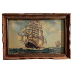 Boîte à bijoux en bois sur le thème de la mer, ornée d'une scène représentant un voilier et dotée d'un miroir intérieur