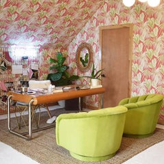 Scalloped Green Velvet Channel Swivel Chairs in the Style of Milo Baughman