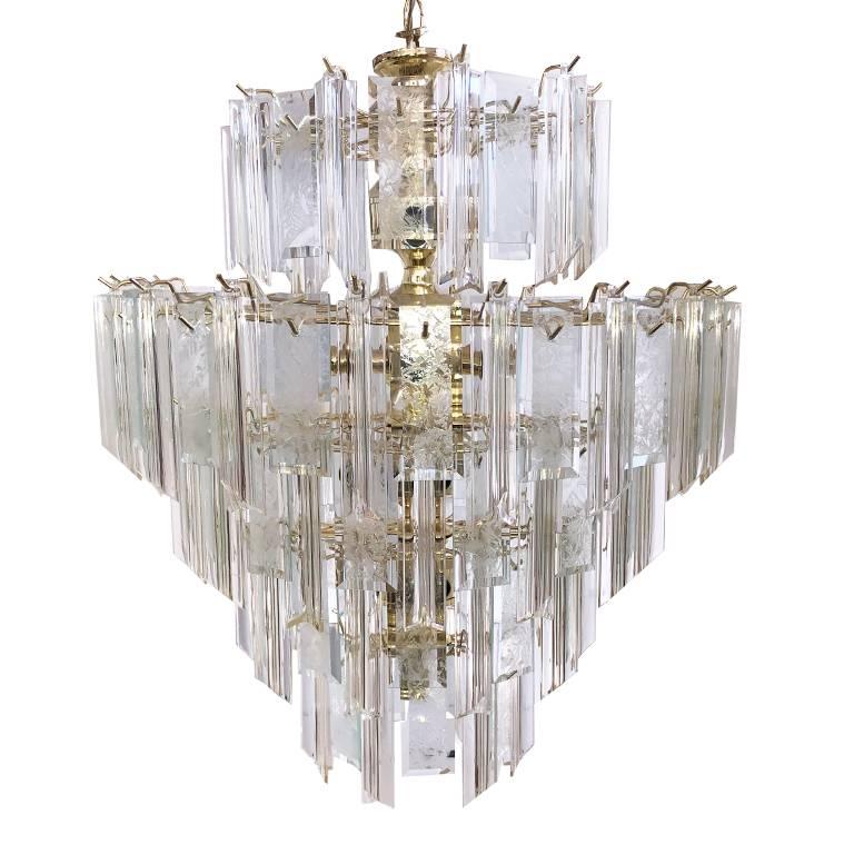 Mid Century 5 tier lucite brass Waterfall Chandelier hardwired in style of Camer For Sale