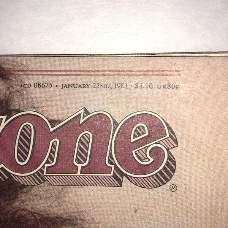 Rolling Stone featuring Yoko Ono and John Lennon. John Lennon poses nude while kissing Yoko Ono. This piece is in fantastic condition for its age and has been preserved in a plastic sleeve. Print date of January 22 1981.