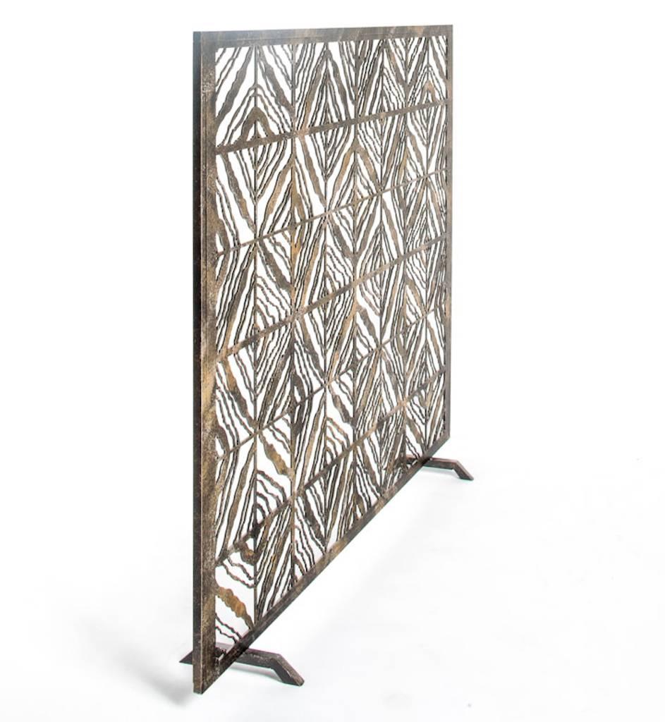Hand-wrought iron fire screen features geometric 