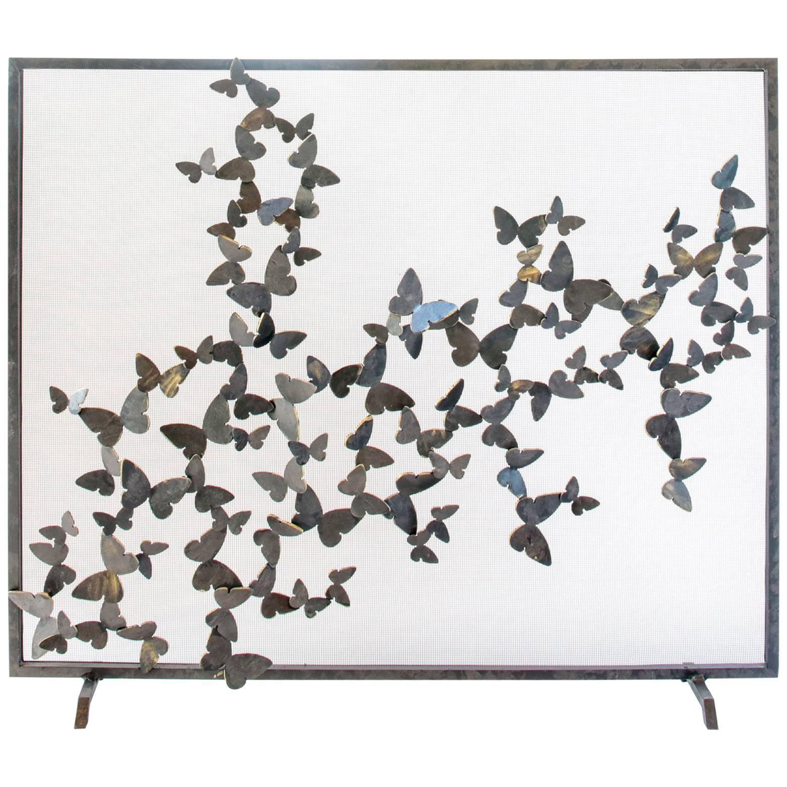 Bespoke Hand-Wrought Iron Butterfly Fireplace Screen Spark Guard - Custom Order For Sale