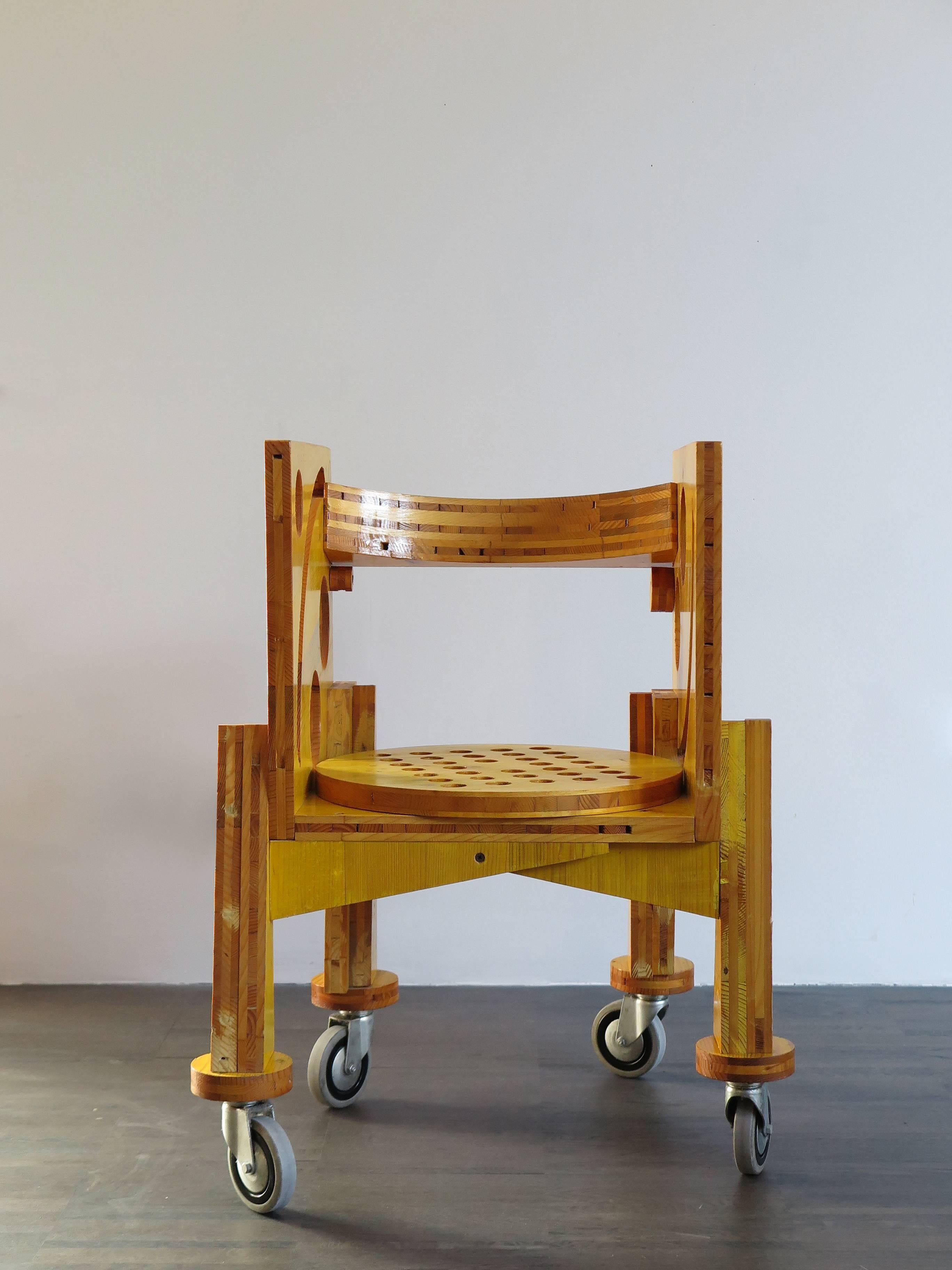 Prototype chair designed by Italian artist Cesare Leonardi in 1993 and realizated with formwork board with engraved reference number.
From the outline drawn onto a standard-sized formwork board (50 x 150 or multiples and submultiples), from the