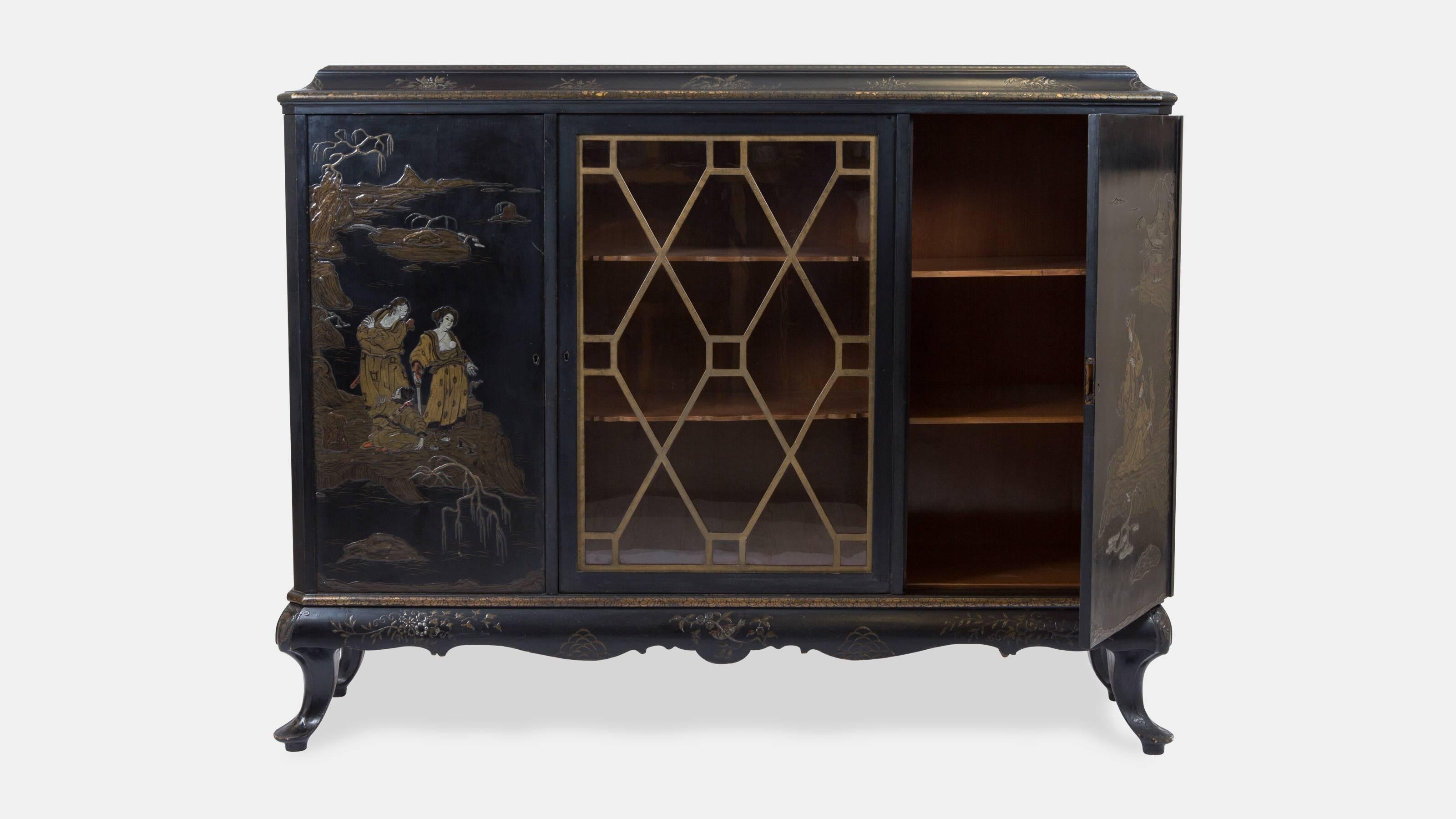 Ebonized Rare Maison Jansen Chinoiserie Cabinet For Sale