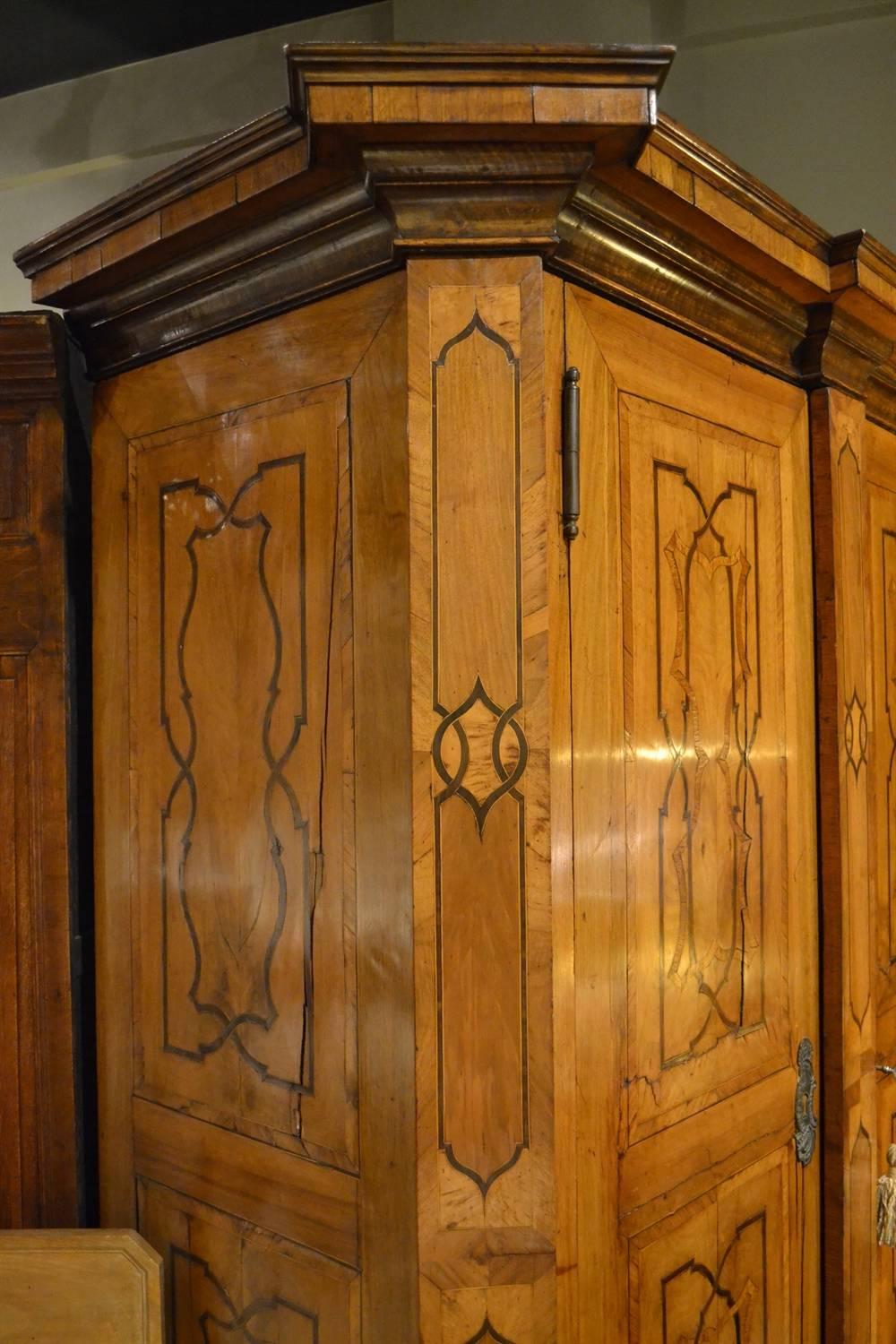 Chamfered Fruitwood Armoire with Inlay For Sale