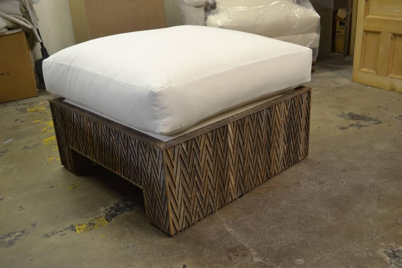 Chevron surface covering of this ottoman is made of old beaded timbers. The cushion has the comfy 