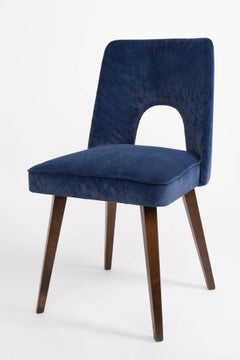 Pair of Mid Century Navy Blue Velvet "Shell" Chairs, Poland, 1960s