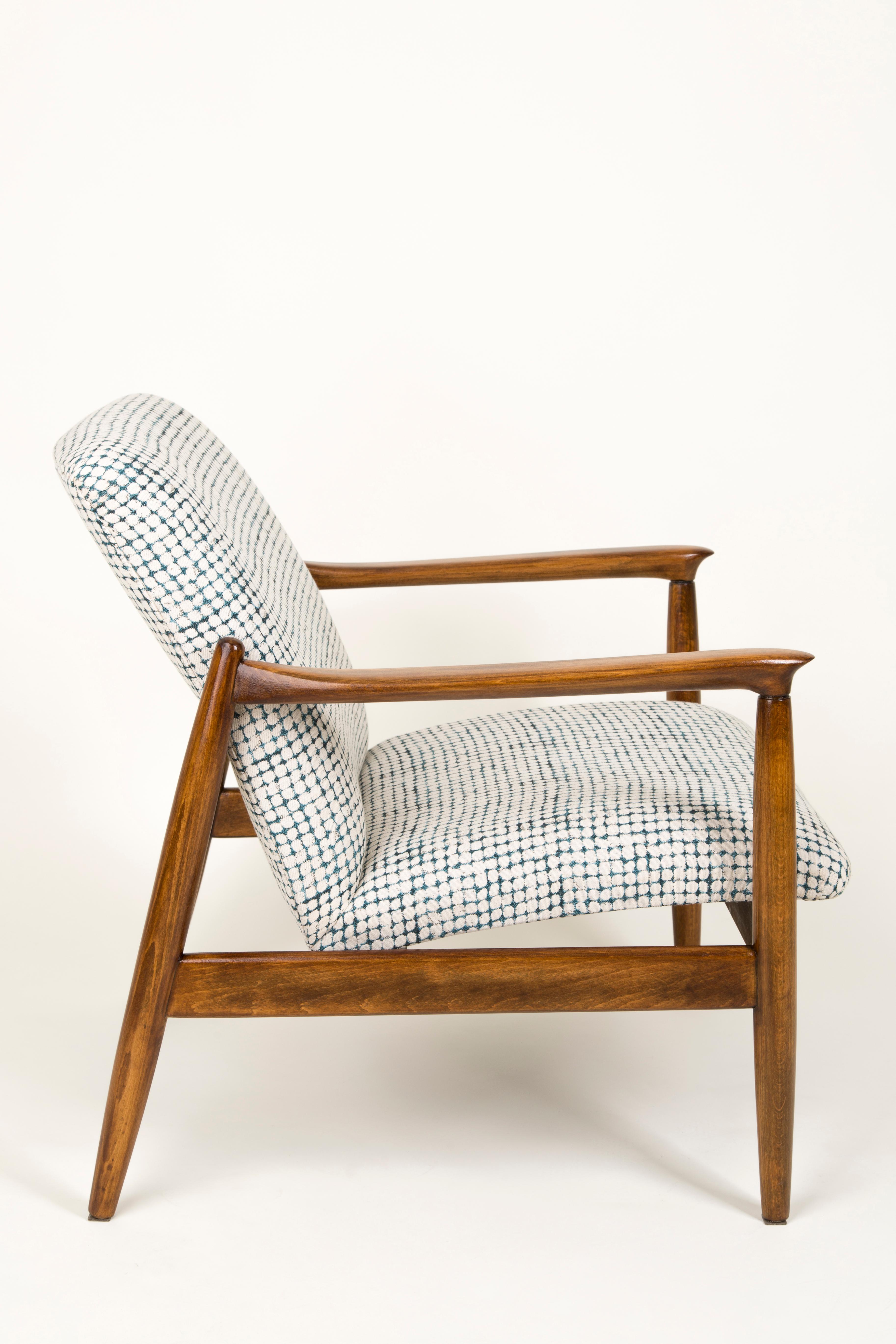 Mid-Century Modern White and Aqua Vintage Armchair and Stool, Edmund Homa, 1960s