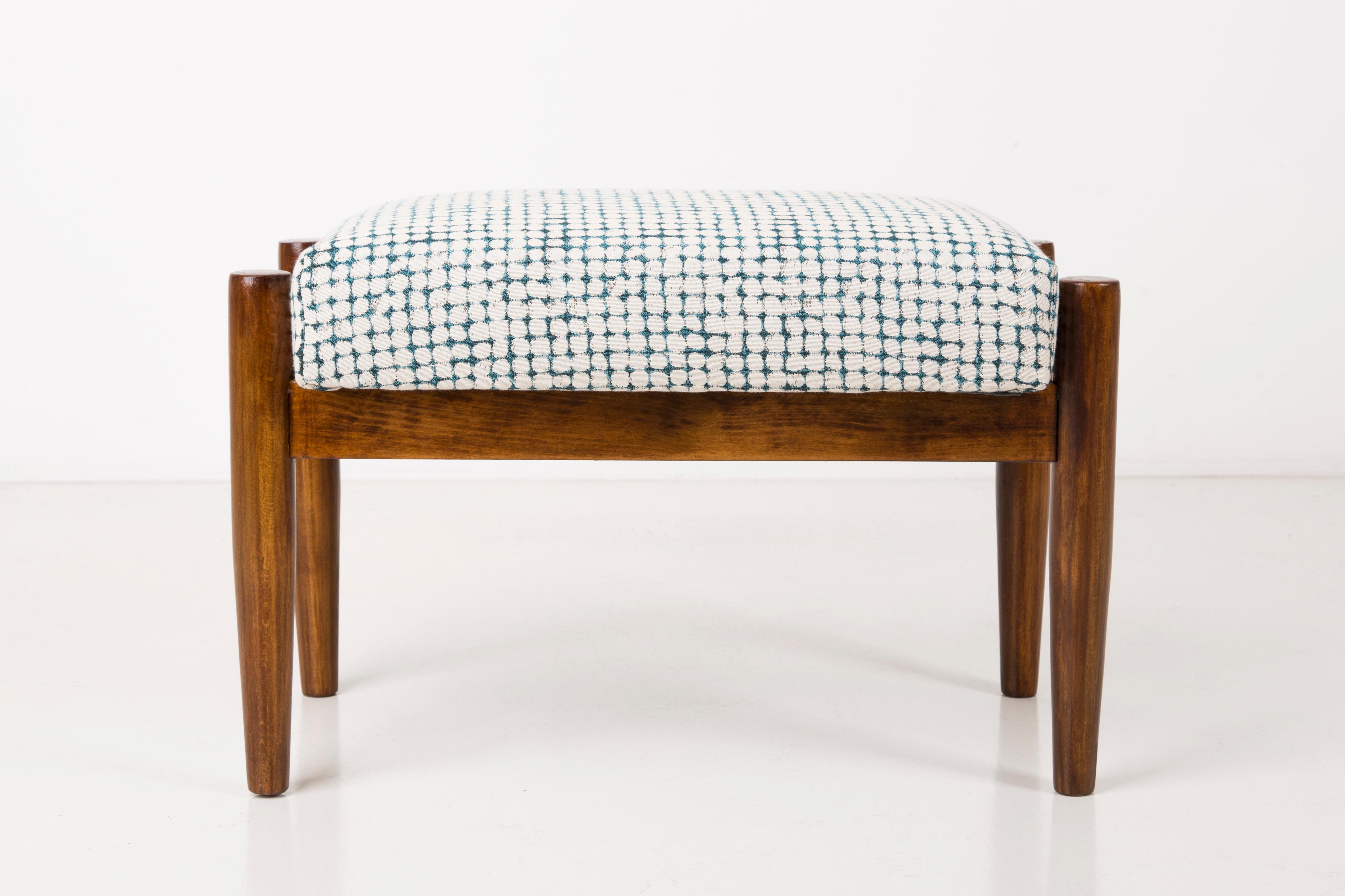 Hand-Crafted White and Aqua Vintage Armchair and Stool, Edmund Homa, 1960s