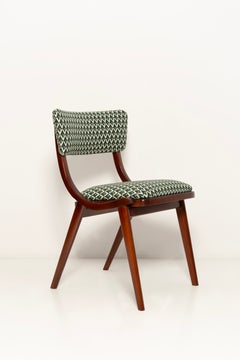 Four Mid Century Modern Boomerang Chairs, White and Green Jacquard, Poland, 1960