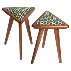 Two Mid Century Triangle Stools, Green and White Art Deco Jacquard, Europe, 1960