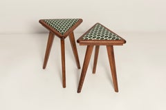 Two Mid Century Triangle Stools, Green and White Art Deco Jacquard, Europe, 1960