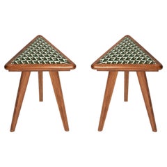 Two Mid Century Triangle Stools, Green and White Art Deco Jacquard, Europe, 1960