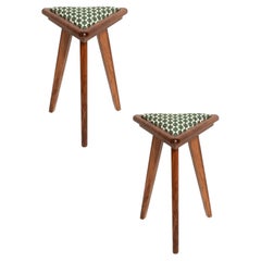 Two Mid Century Triangle Stools, Green and White Art Deco Jacquard, Europe, 1960
