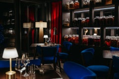Four Vintola Studio Dining Chairs, Blue Velvet Jacquard by Casamance, Europe.